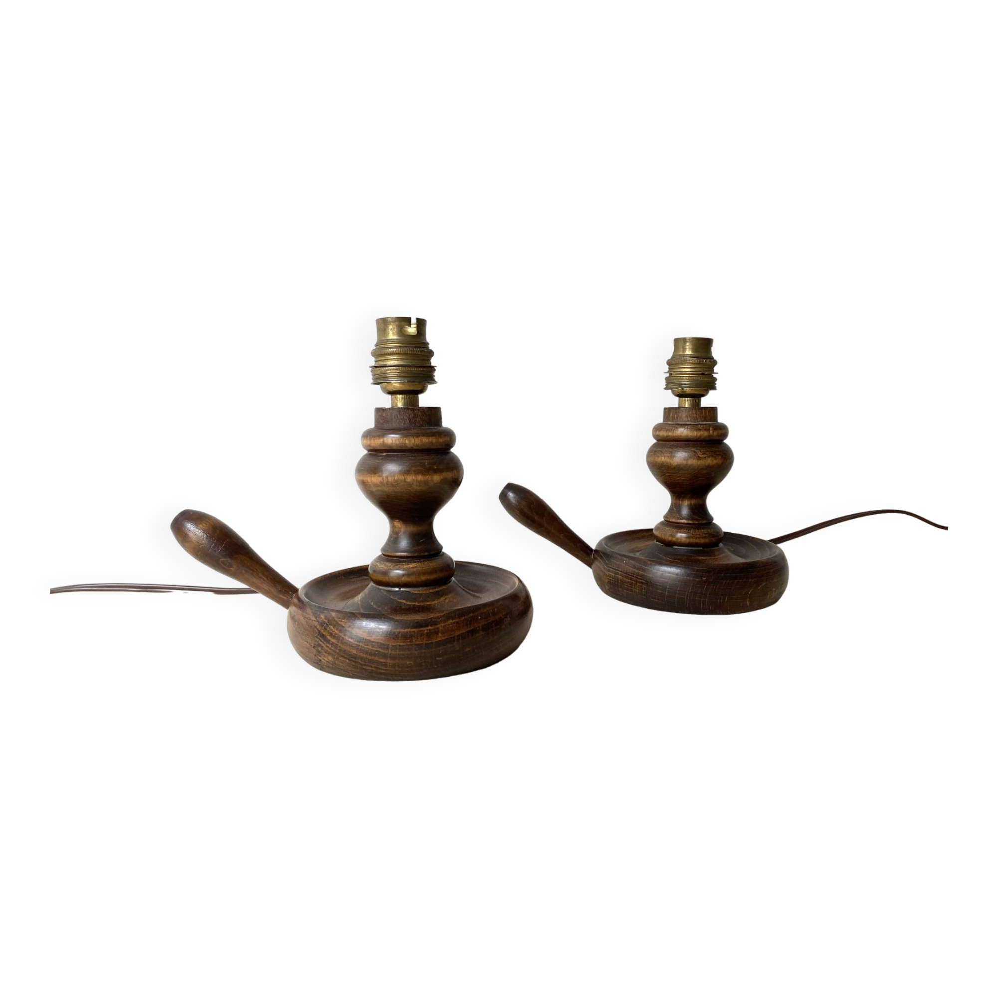 Pair of 50s turned wooden candlestick lamps, vintage lighting fixtures, rustic lamp bases