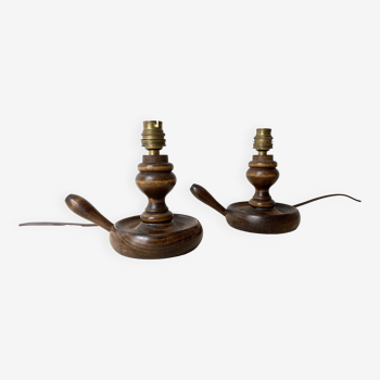 Pair of 50s turned wooden candlestick lamps, vintage lighting fixtures, rustic lamp bases