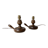 Pair of 50s turned wooden candlestick lamps, vintage lighting fixtures, rustic lamp bases
