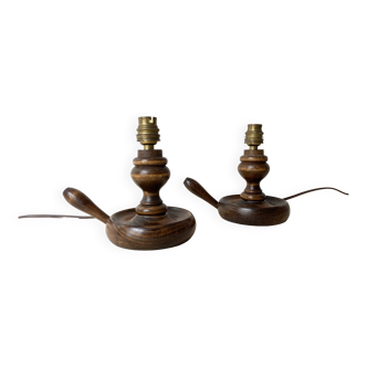 Pair of 50s turned wooden candlestick lamps, vintage lighting fixtures, rustic lamp bases