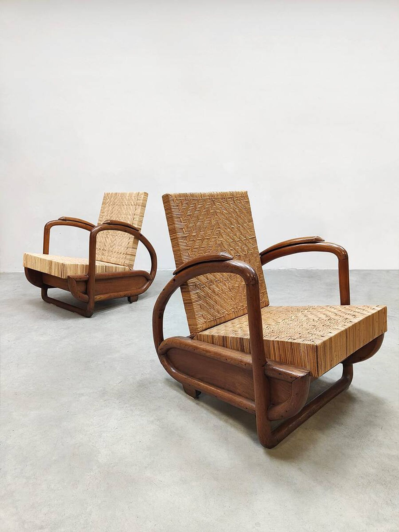 2 fauteuils en rotin tressé, Art Déco