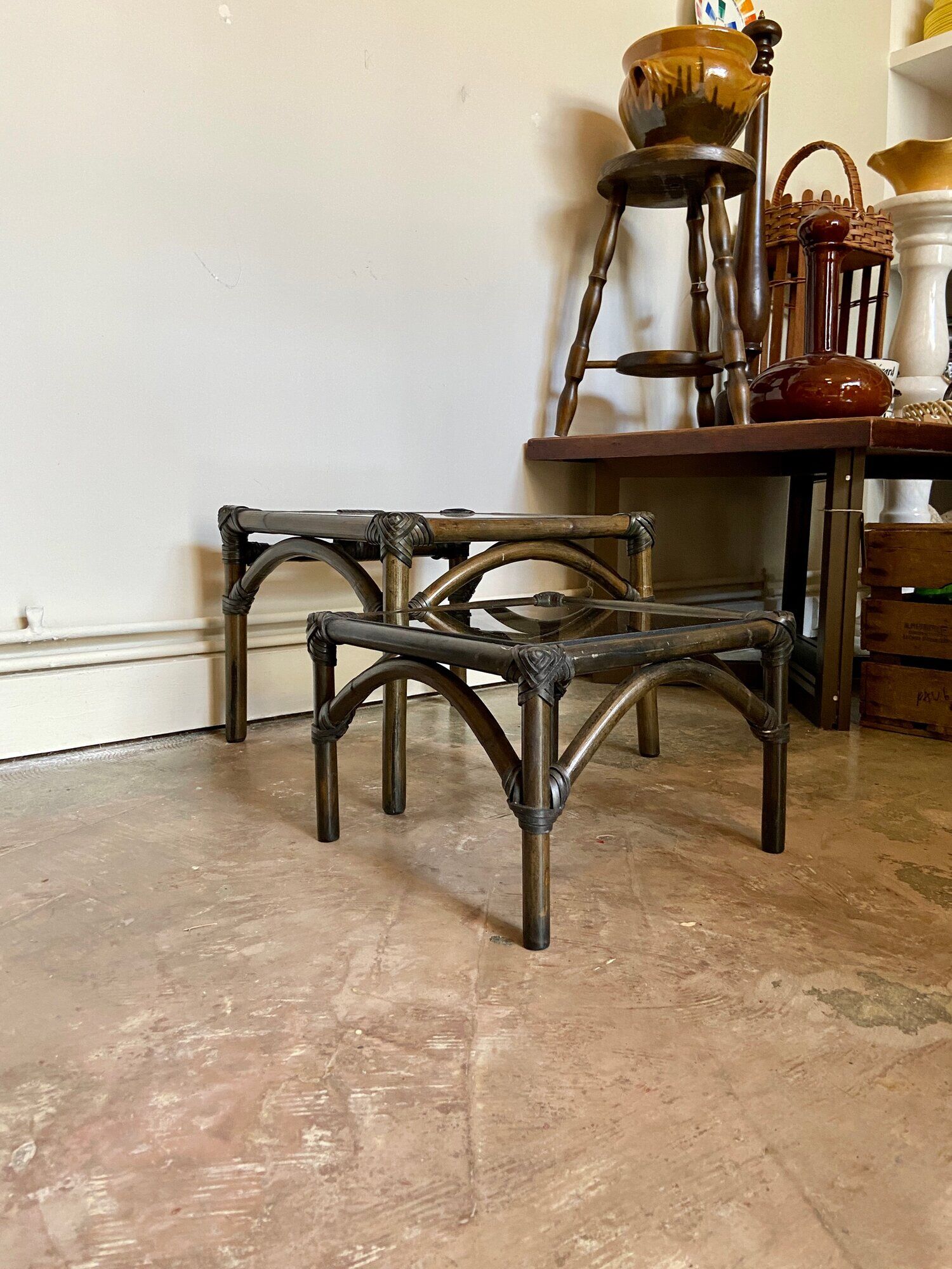 2 coffee tables, rattan sofa tips and smoked glass
