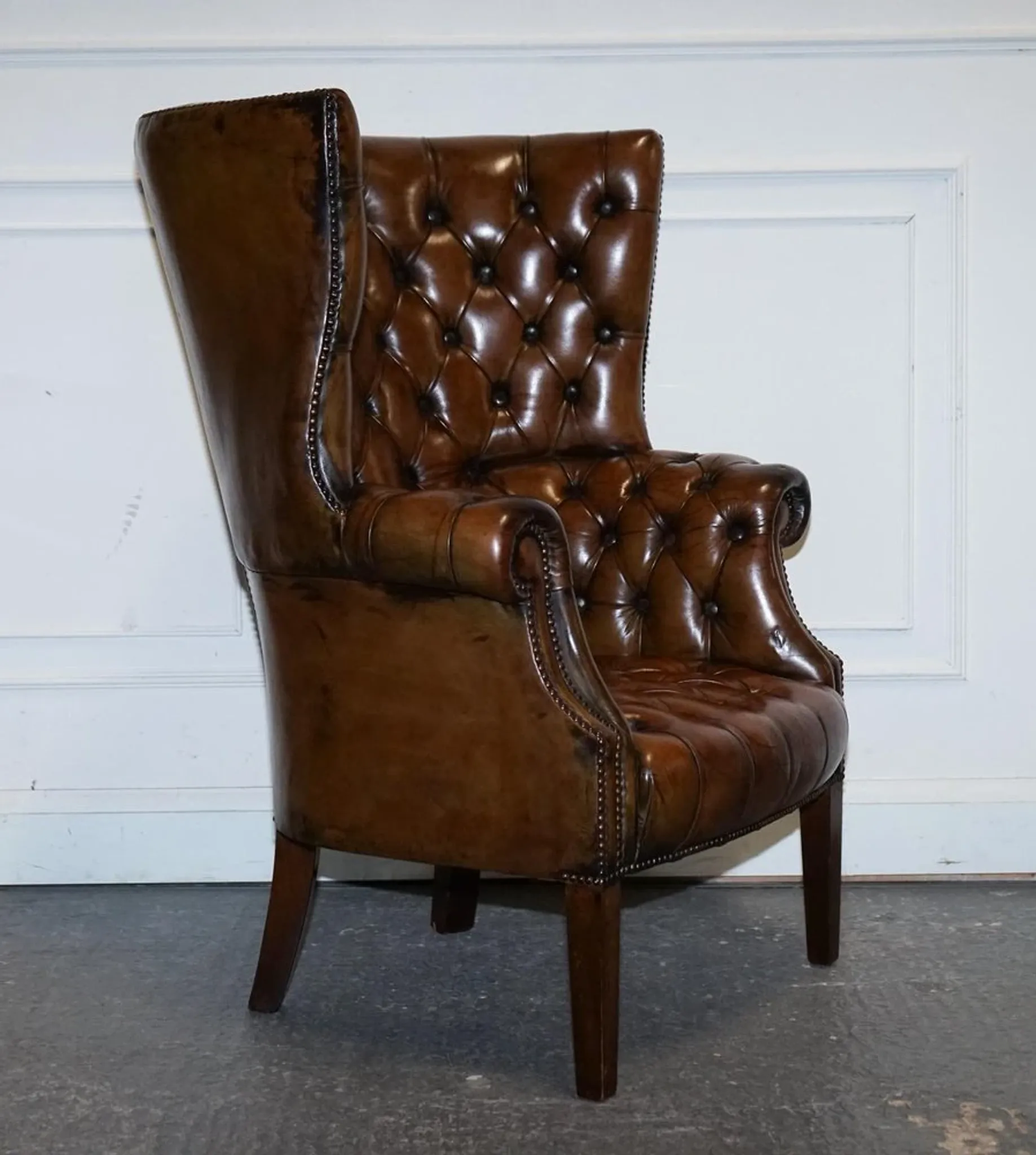 Chesterfield Porter Wingback Chair in Hand-Dyed Leather