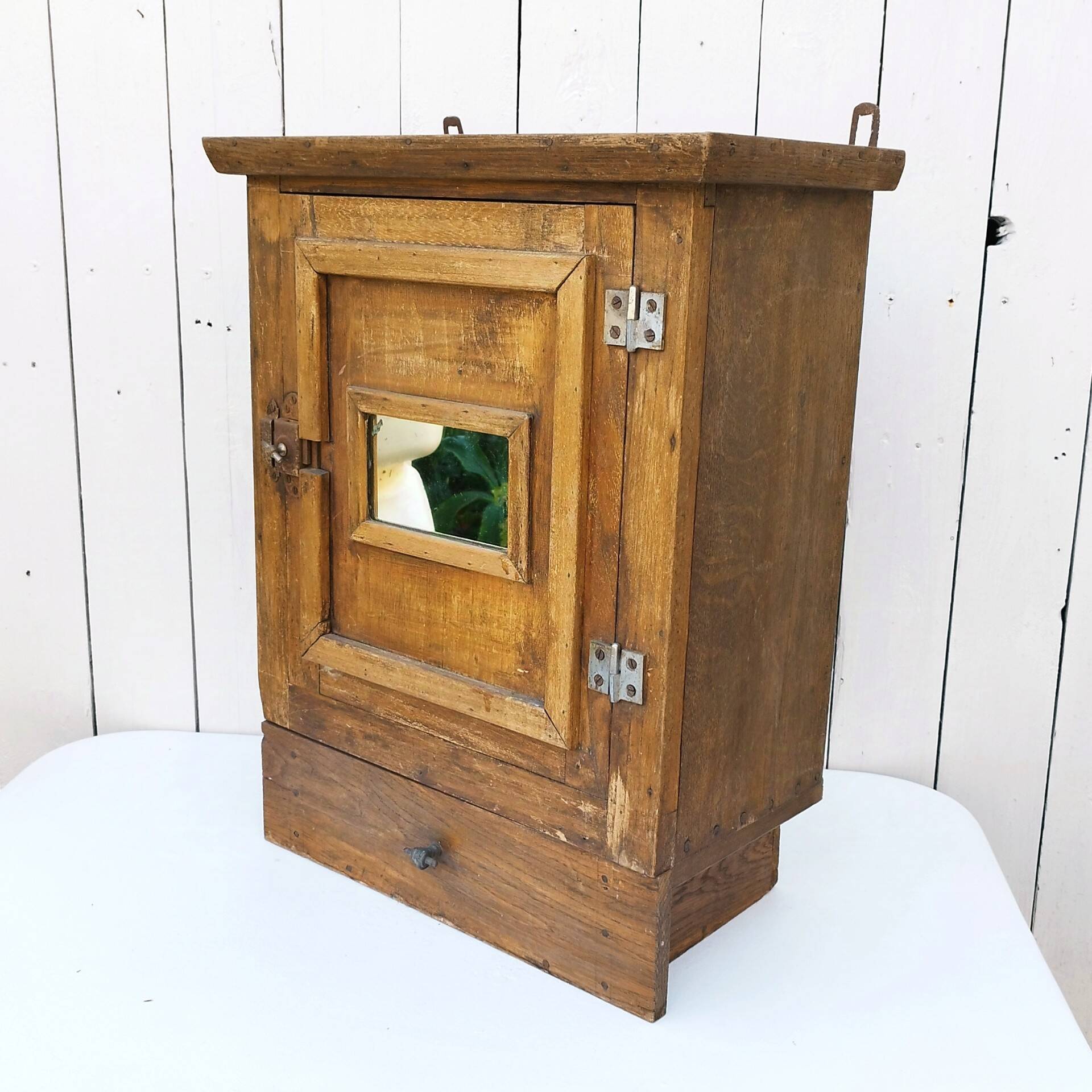 Vintage folk art mirror wall storage unit