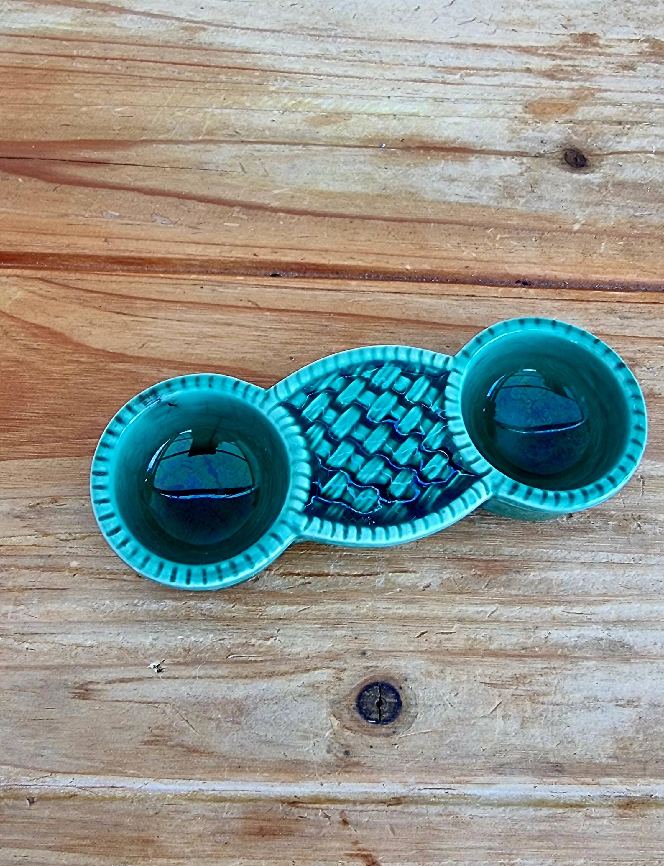 Salière double vintage en céramique vert émaillé 60's