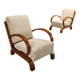 Pair of vintage Deco armchairs in curved wood and velvet, design 1920s-1930s.