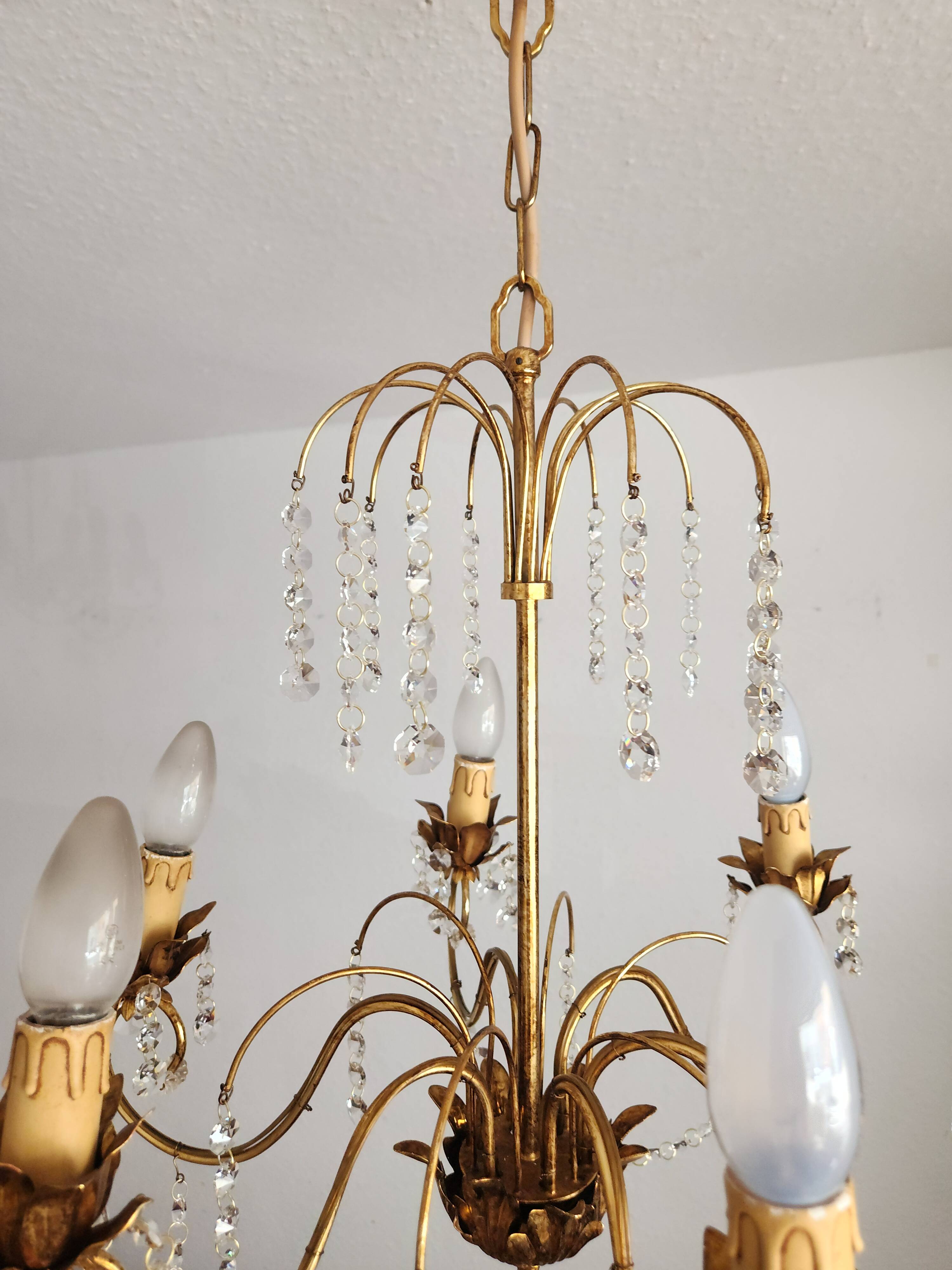 Messing doré lustre à 6 lumières lampe cristal cascade 1950-1970