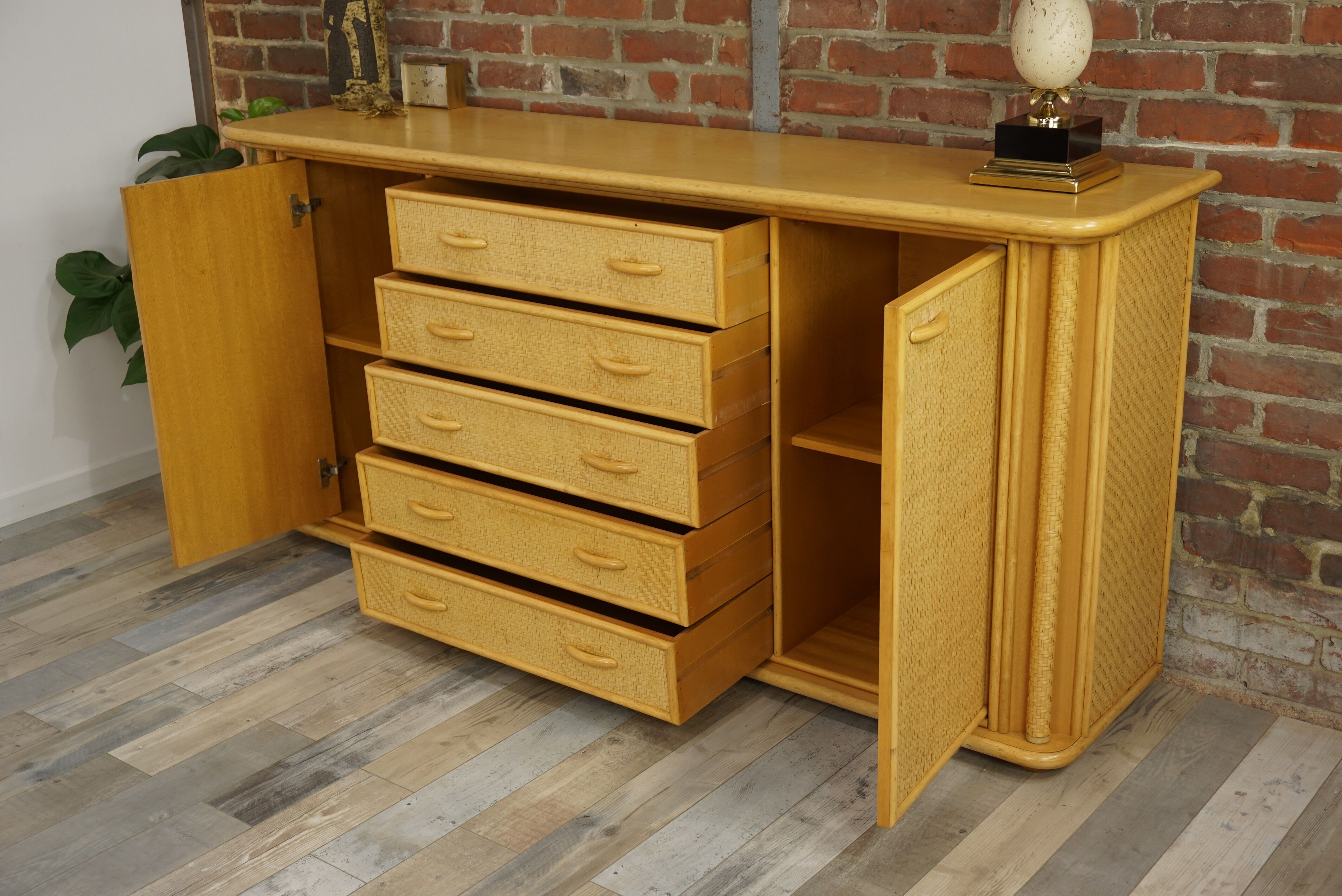 Wooden and rattan sideboard