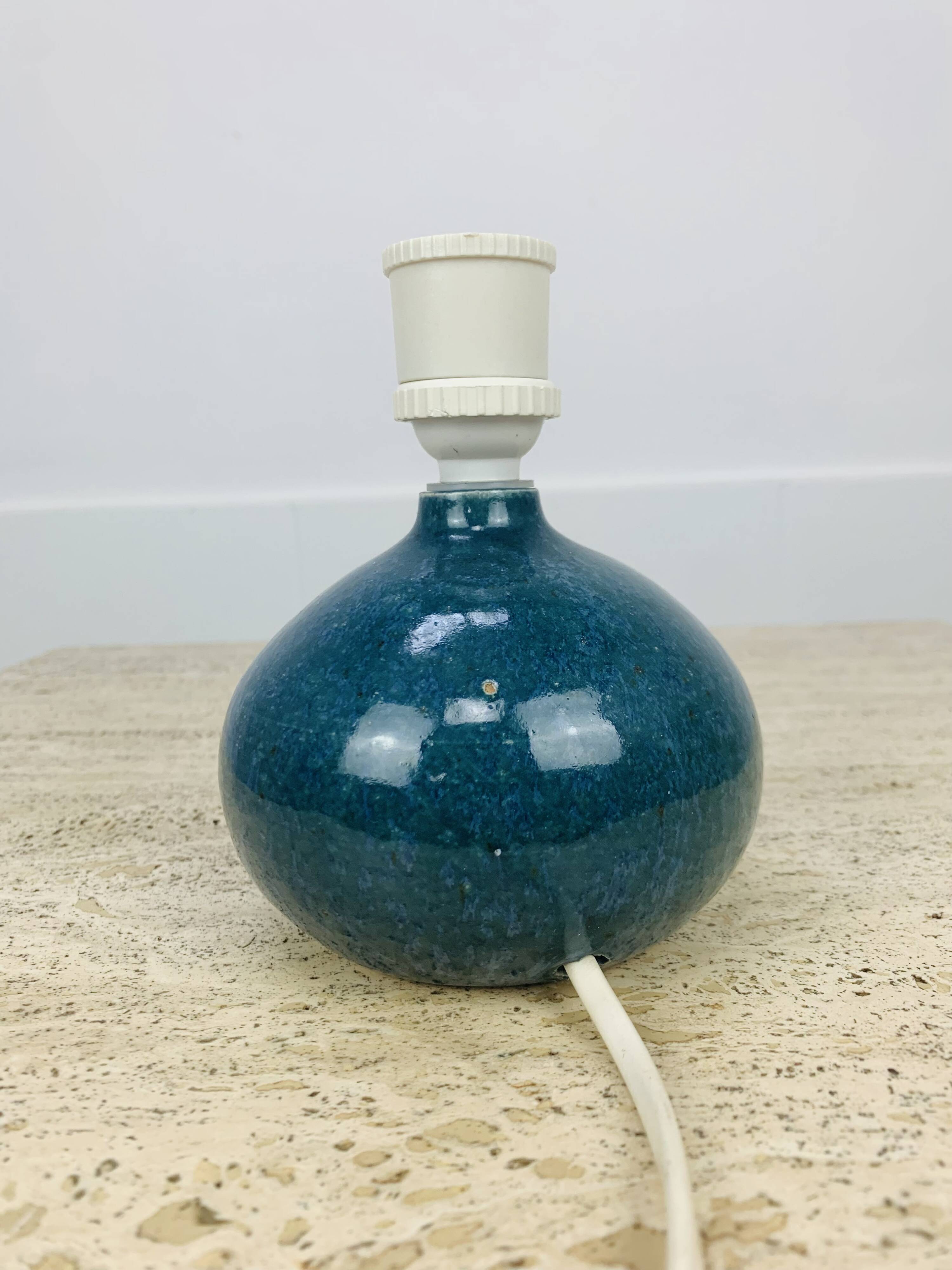 Blue ceramic ball lamp with wool lampshade, vintage
