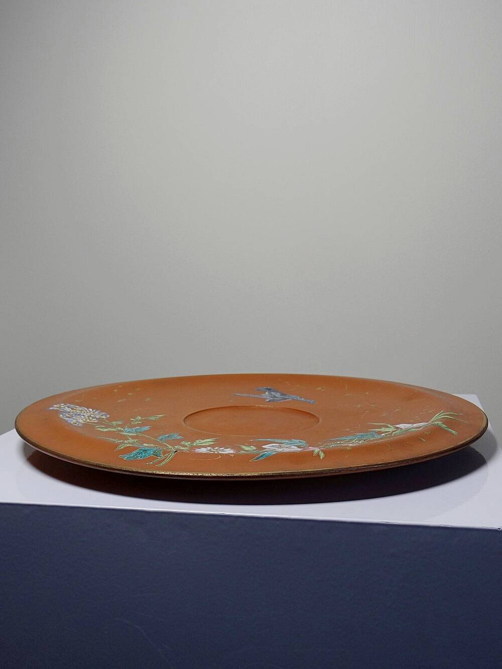 Large old clay/terracotta dish with Japanese Art Nouveau enamel