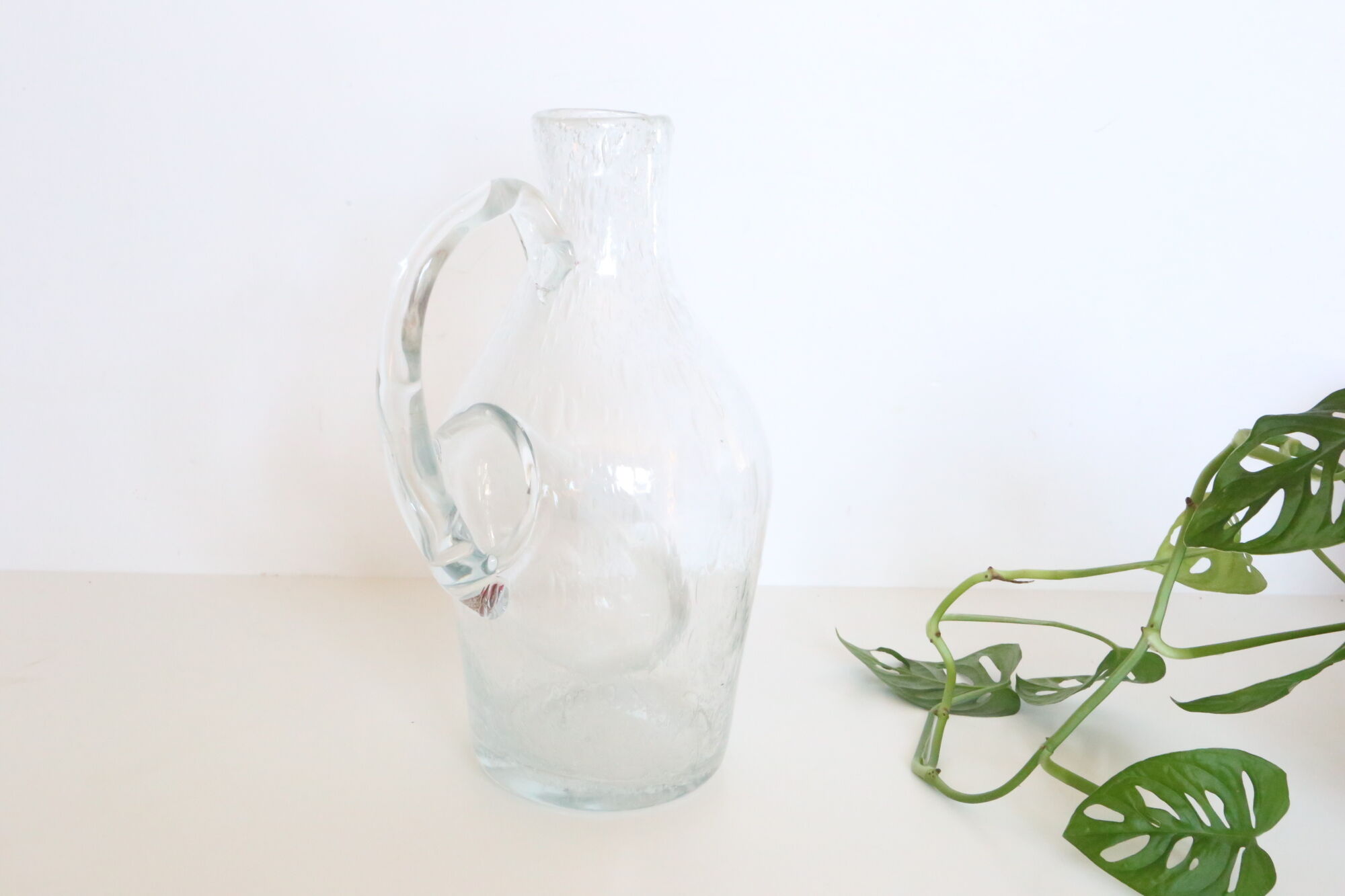 Bubbled glass pitcher with ice tank, handcrafted, French vintag manufacturing