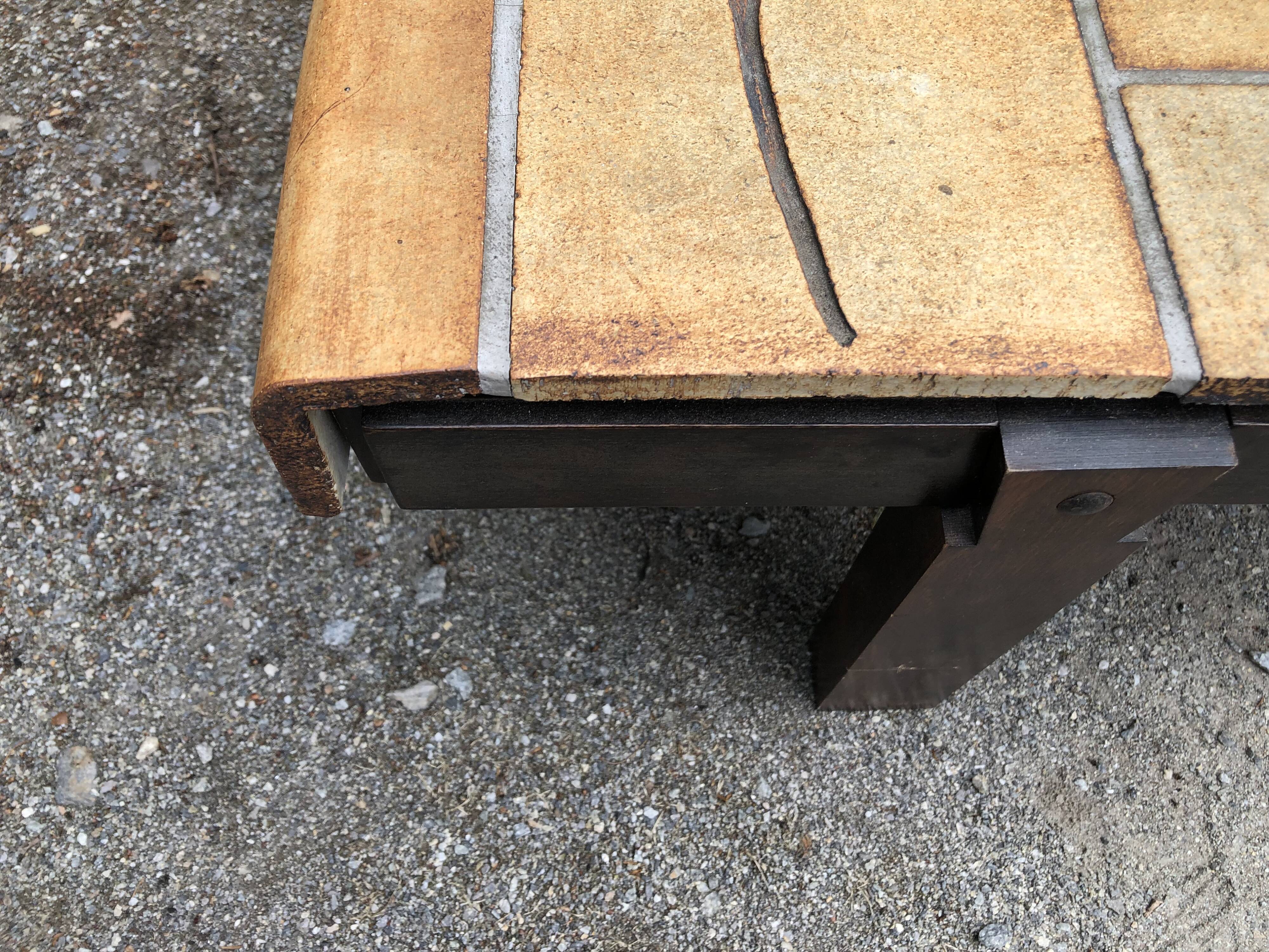 Vintage ceramic coffee table with herbarium decorations by Roger Capron, solid beech base.