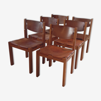 Lot de 6 chaises bois et cuir années 60