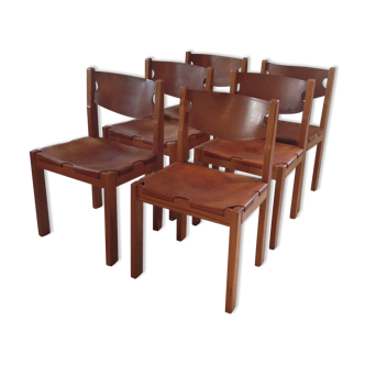 Set of 6 chairs wood and leather 60s