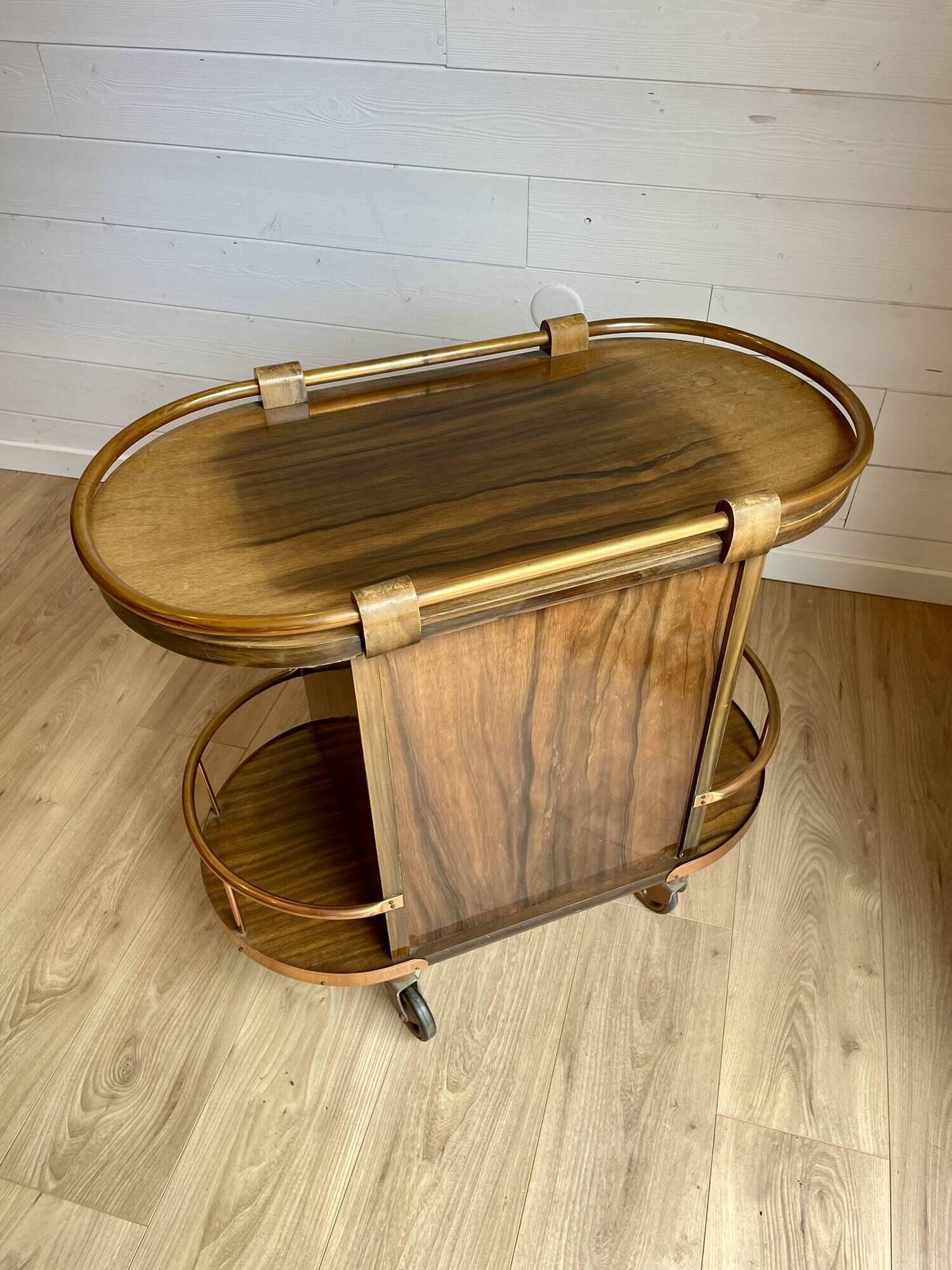 Bar cart / Vintage Art Deco service trolley – Wood and copper