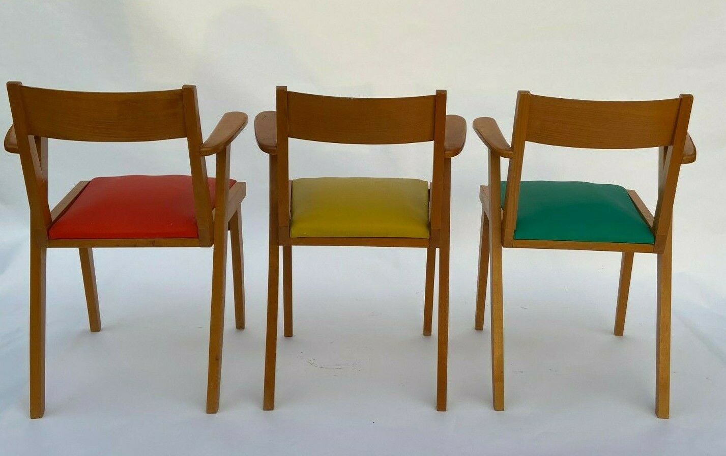 3 french design chairs chene light red yellow green 1960