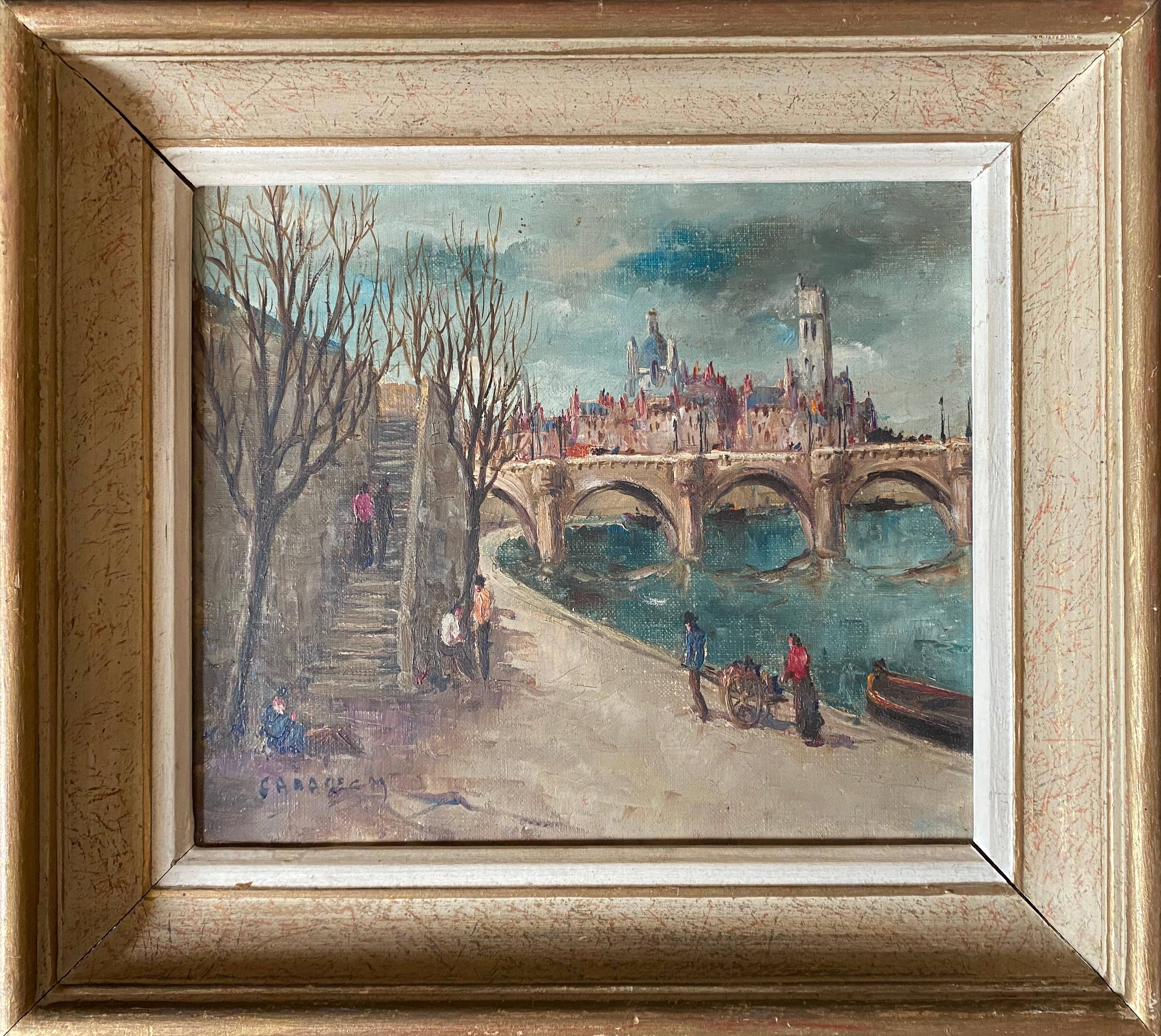 Tableau "Quai de Seine", Paris par Marcel Caradec (1901-1998) avec cadre