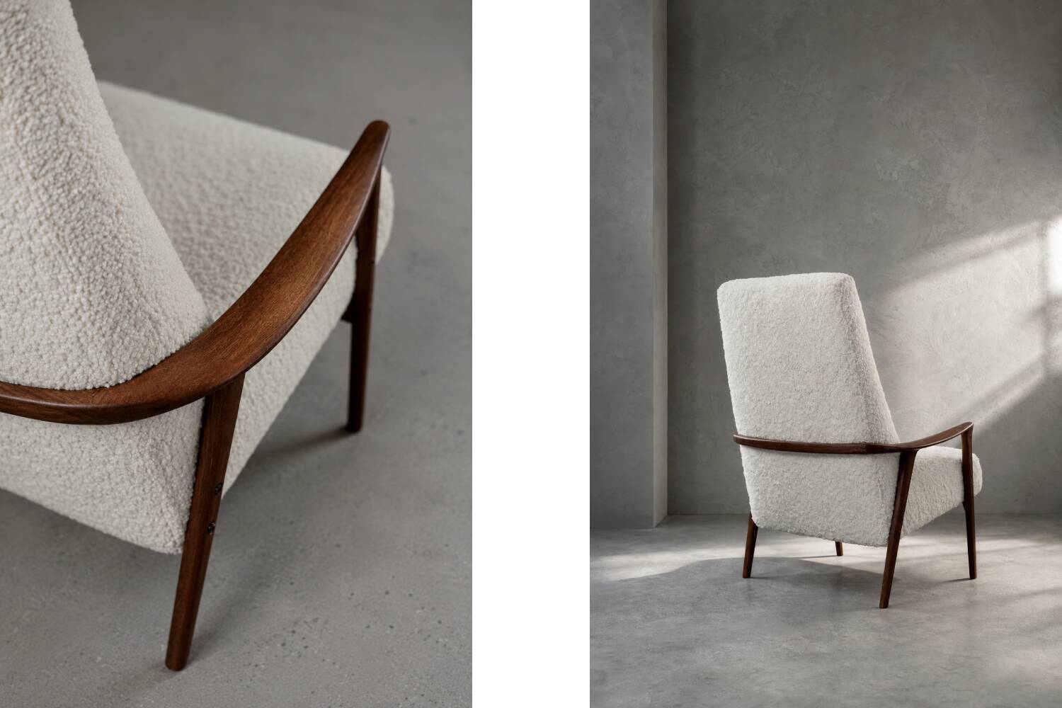 Vintage Mid-Century Scandinavian Modern White Boucle &Teak High Armchair