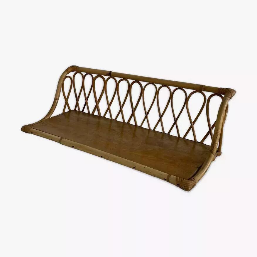 1960s rattan and wood wall shelf