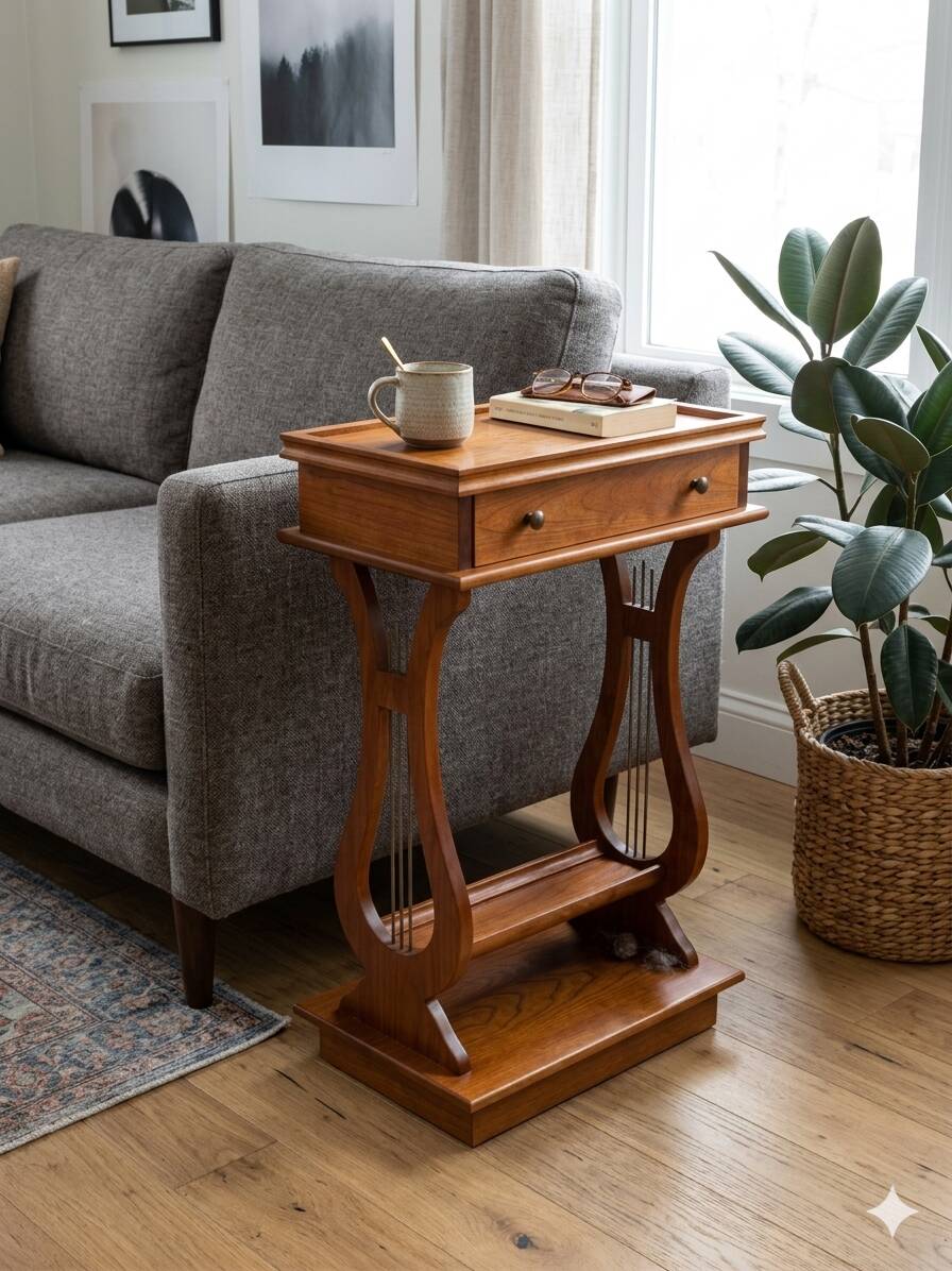 Lyre bedside table in solid cherry wood
