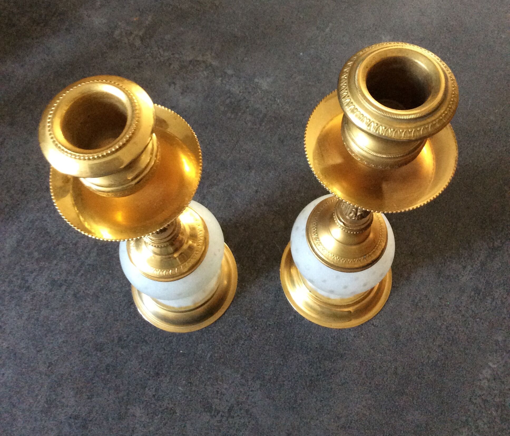 Pair of vintage candle holders in brass and glass paste