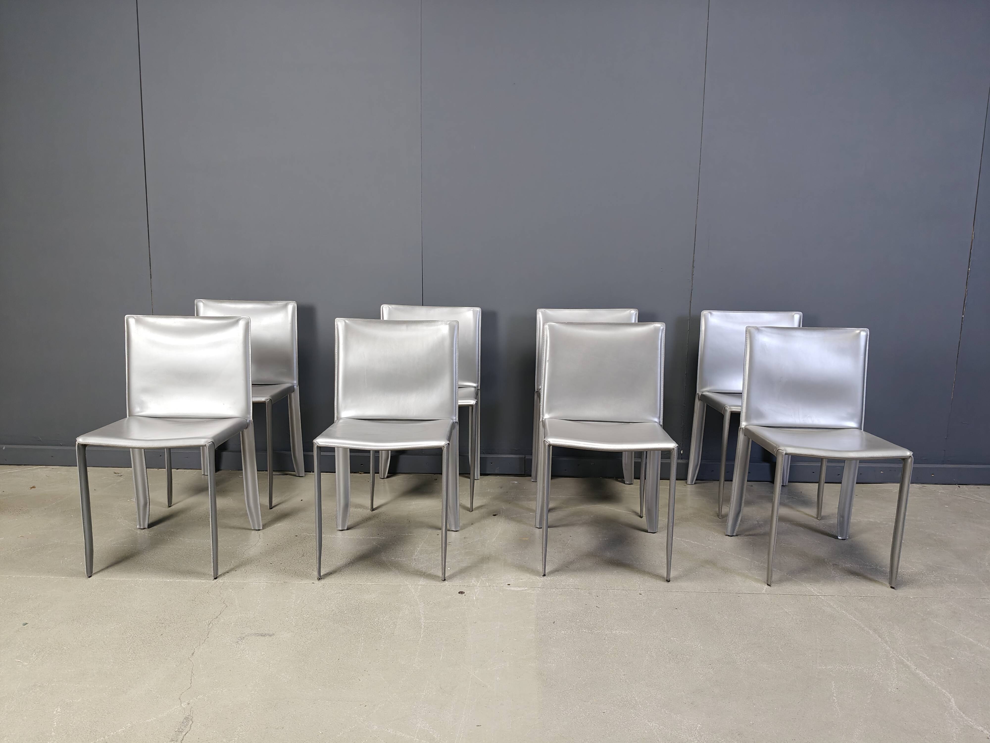 Chaises de salle à manger en cuir gris par Cattelan Italie, lot de 8 - années 1980
