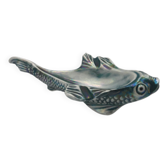 Tray-poches ashtray in the shape of a fish ceramic with pearlescent effect green / blue