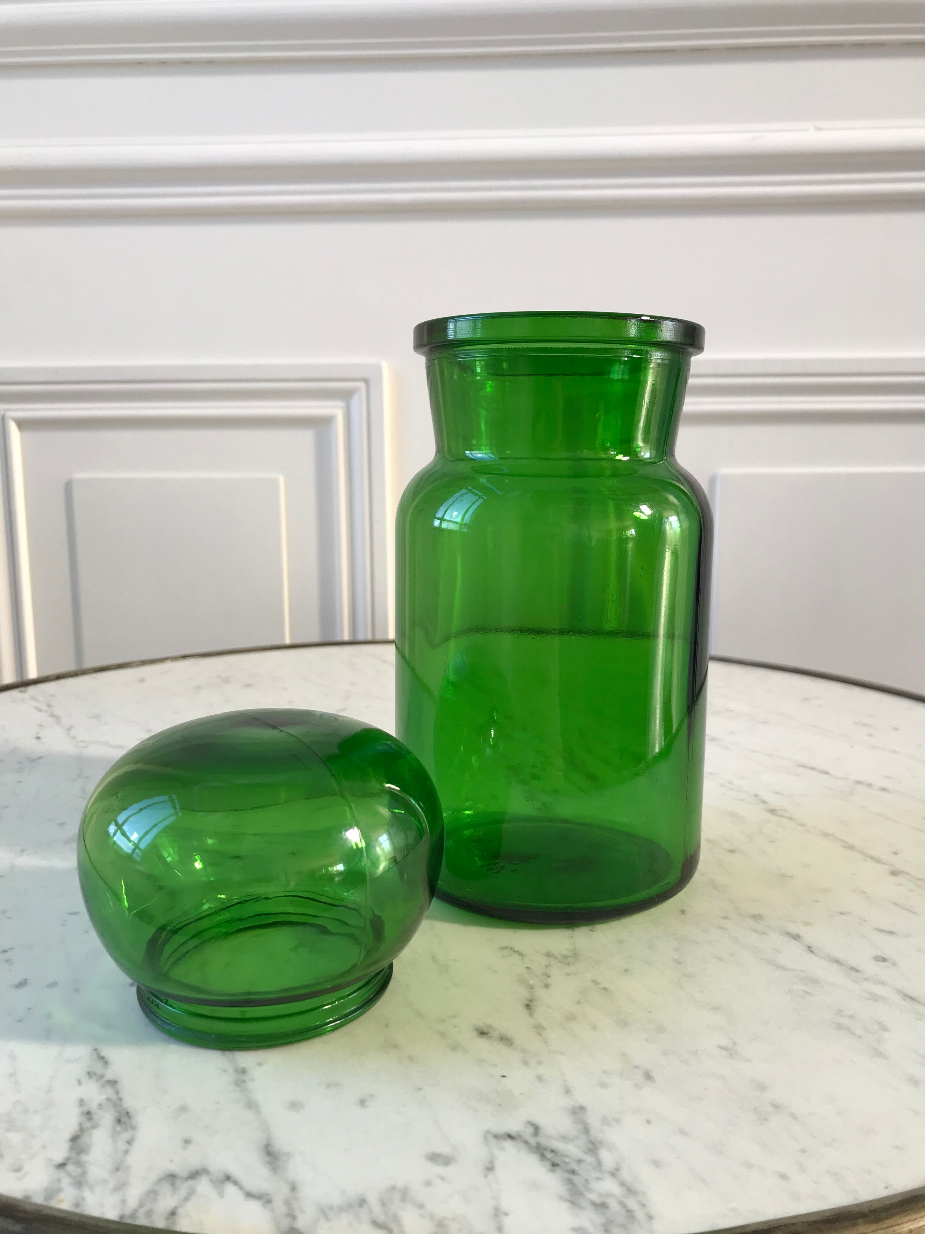 Duo de pots d'apothicaires verts vintage années 70