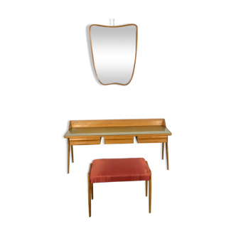 Mid-century modern wood vanity table set. Italy 1950
