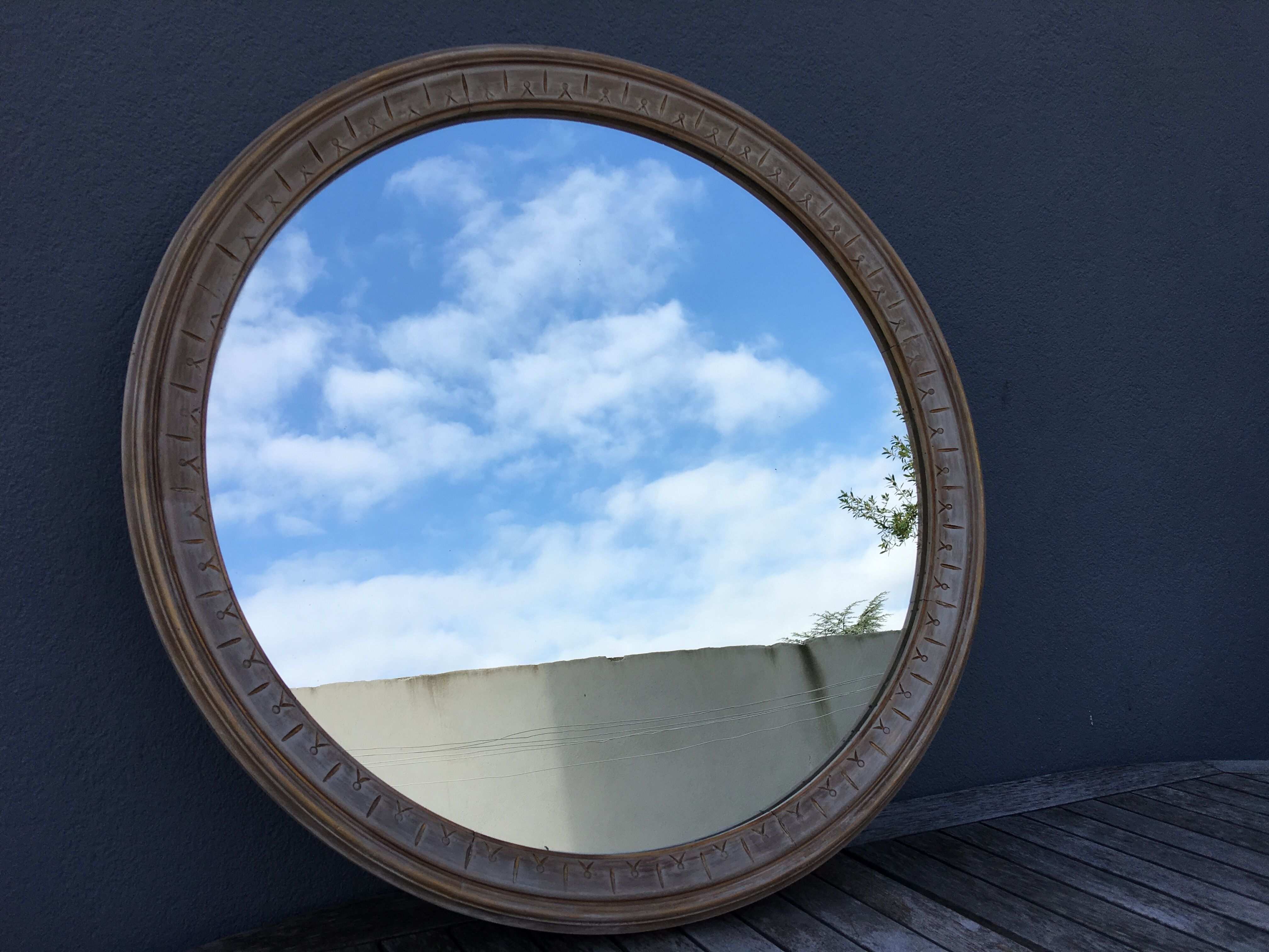 Large round mirror frame patinated wood 70 cm