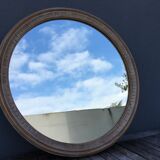 Large round mirror frame patinated wood 70 cm