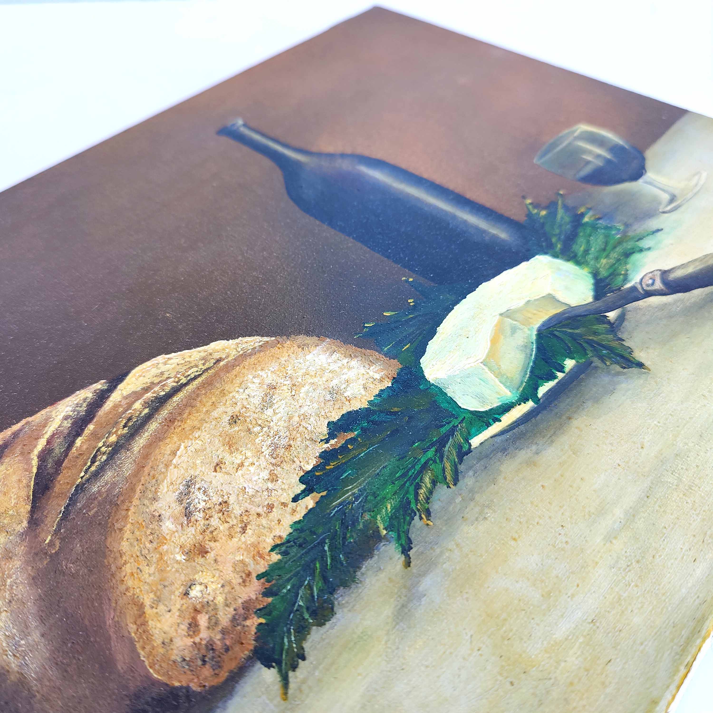 Painting canvas still life country cheese wine and bread