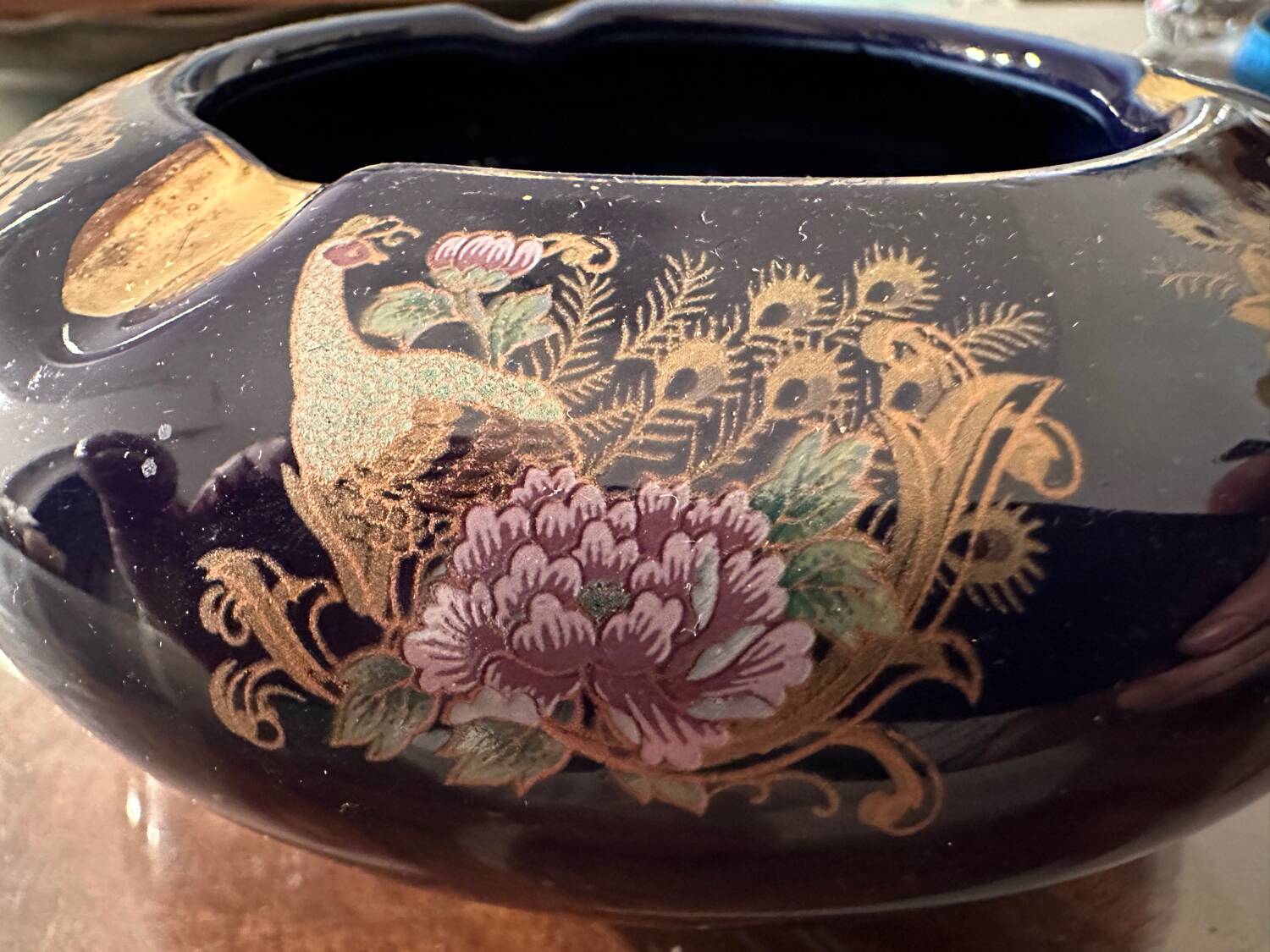 Cobalt Blue Enameled Ashtray, Golden Peacock and Floral Decor - Vintage Italy