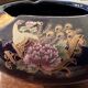 Cobalt Blue Enameled Ashtray, Golden Peacock and Floral Decor - Vintage Italy