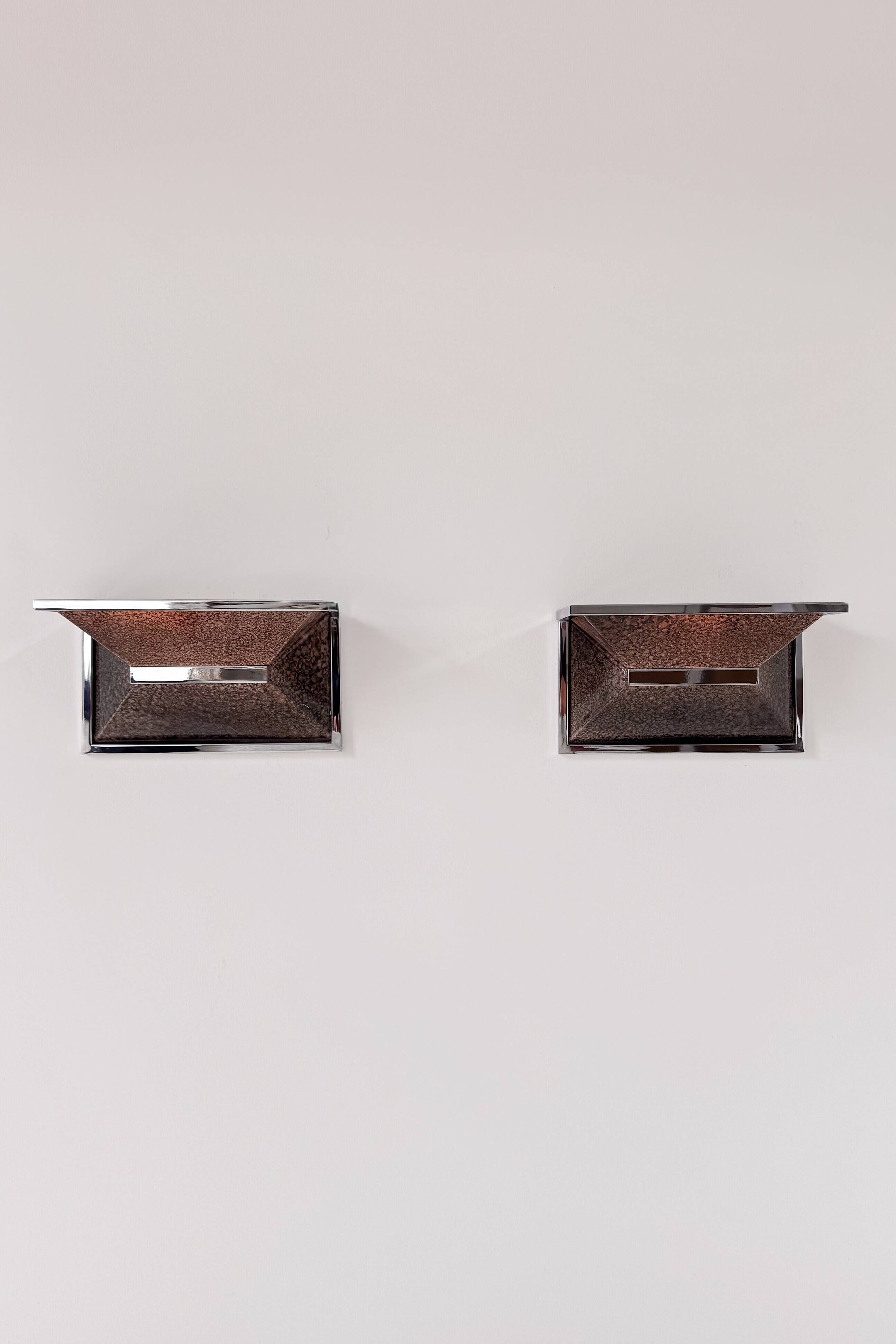 Pair of vintage wall lights, chrome and enamelled metal, France 1970.