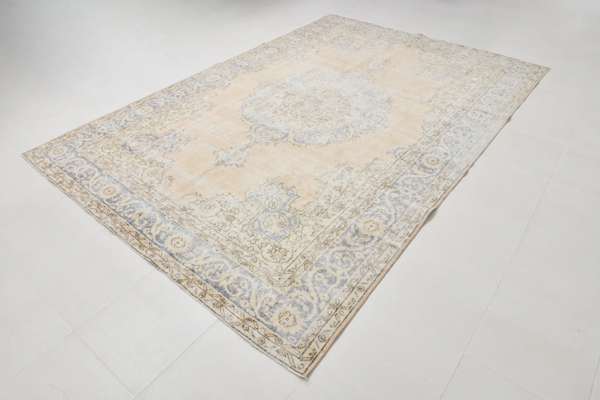 Turkish Pale Yellow & Pale Blue Vintage Rug, Oriental Pattern Wool Carpet