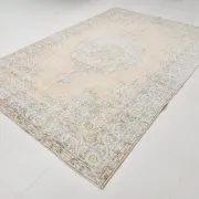 Turkish Pale Yellow & Pale Blue Vintage Rug, Oriental Pattern Wool Carpet