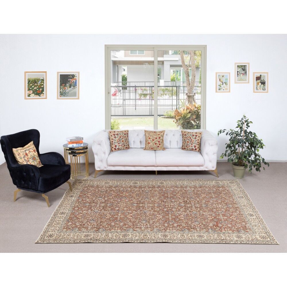 Vintage Handmade Turkish Red Wool Area Rug with Floral Design for Home and Office Decor