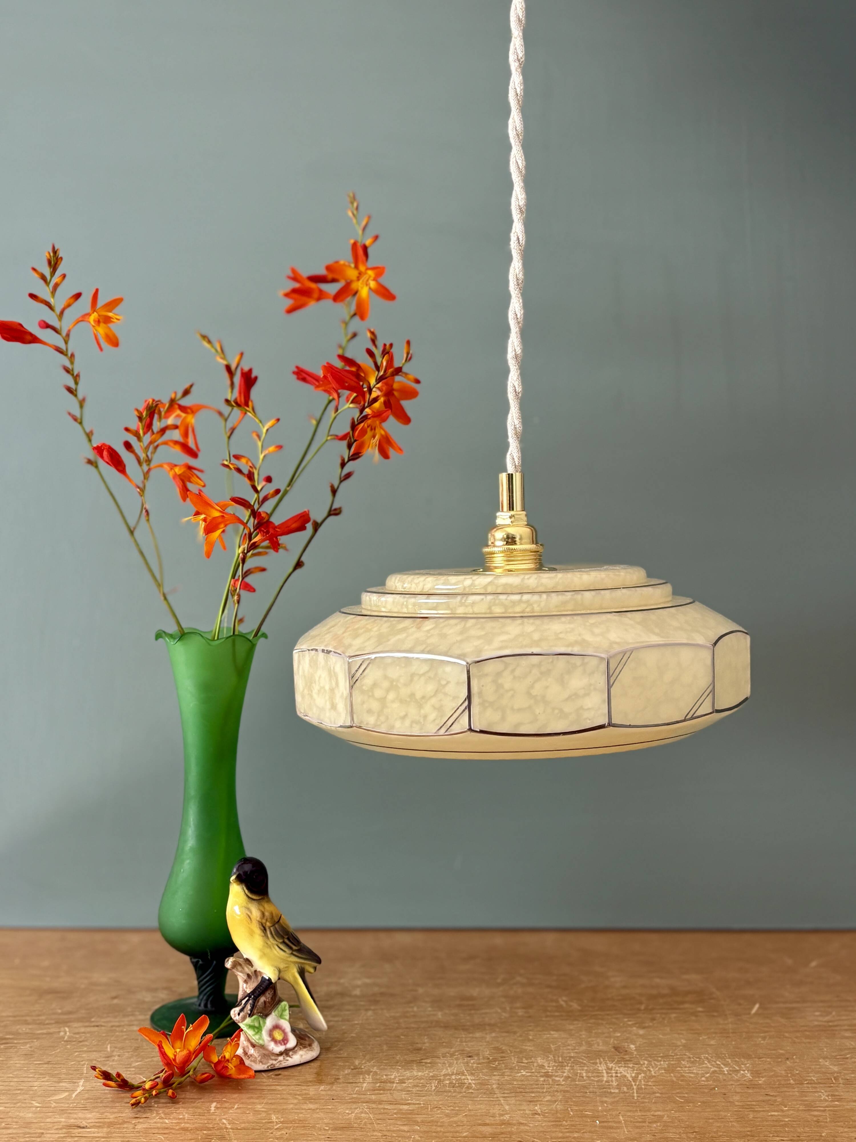 Vintage Art Deco glass pendant light in yellow Clichy.