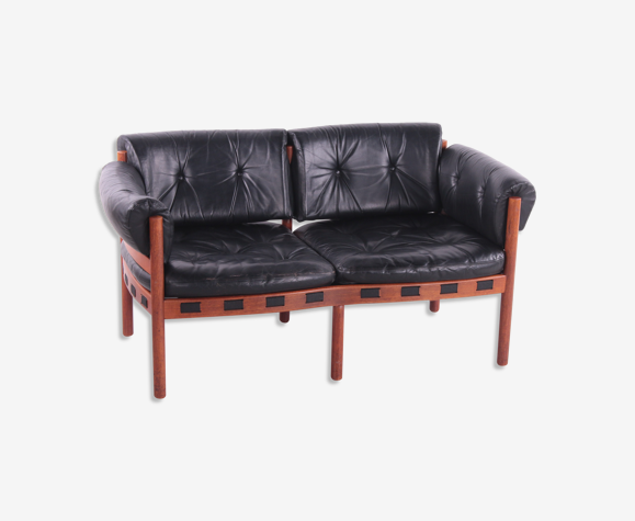 Vintage black leather 2 seater sofa by Sven Ellekaer for Coja, 1960s
