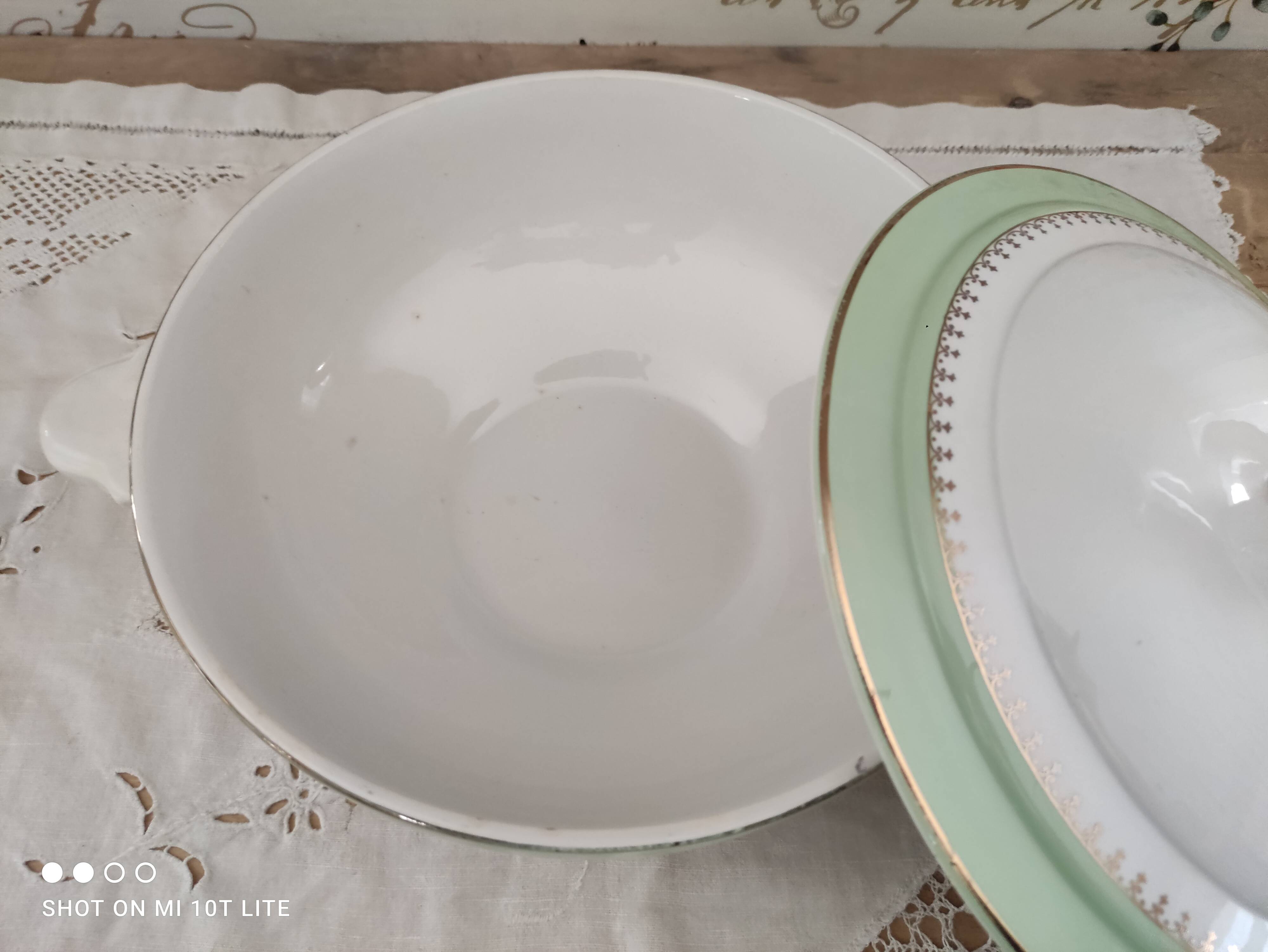 Soup tureen in water green with golden frieze, Cafés Lemaire.