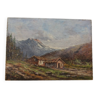 Peinture à l'huile sur panneau signée F.Mannini paysage de montagne début 1900