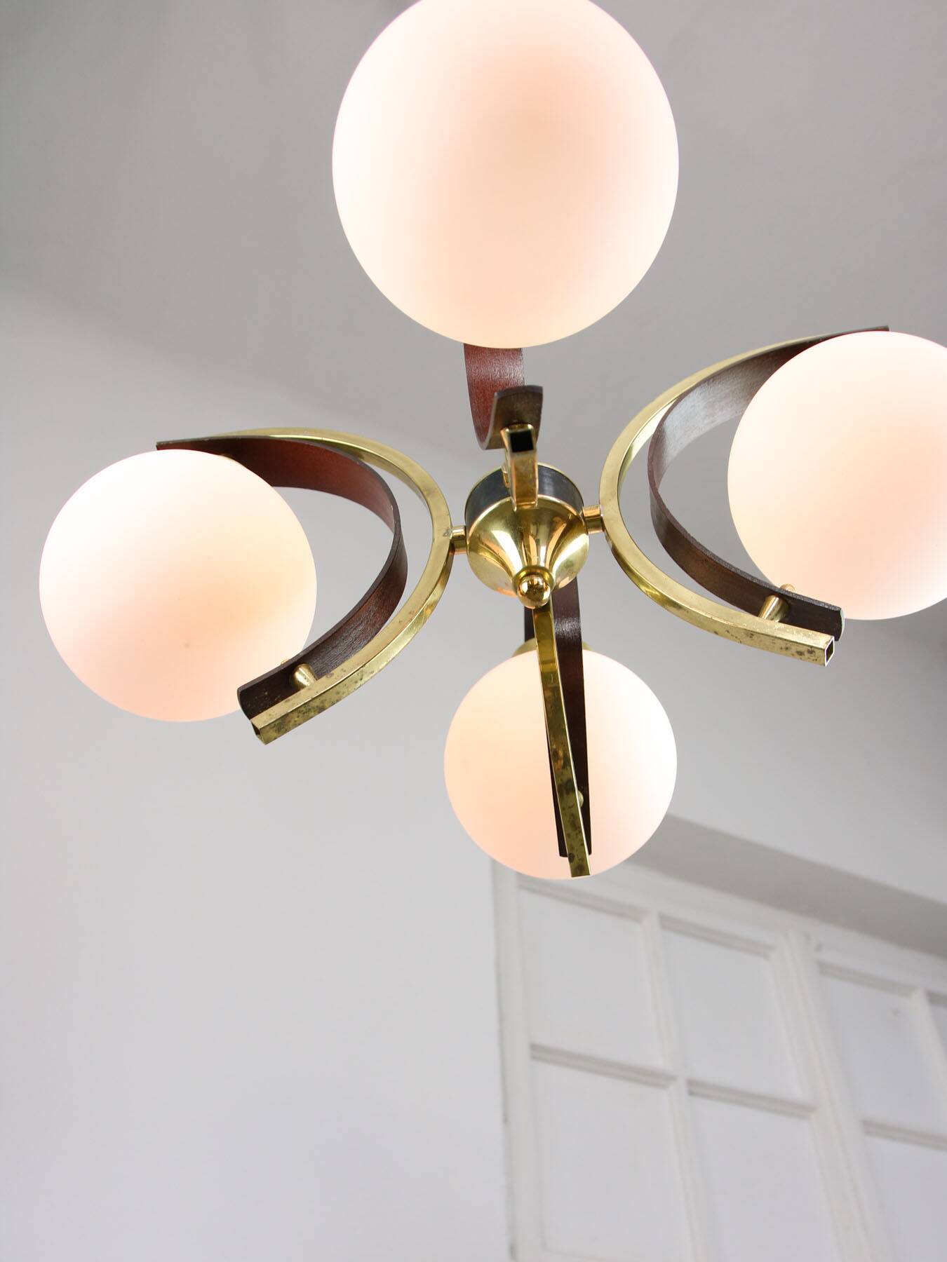 Mid-Century Modern Italian Brass and Opaline Chandelier