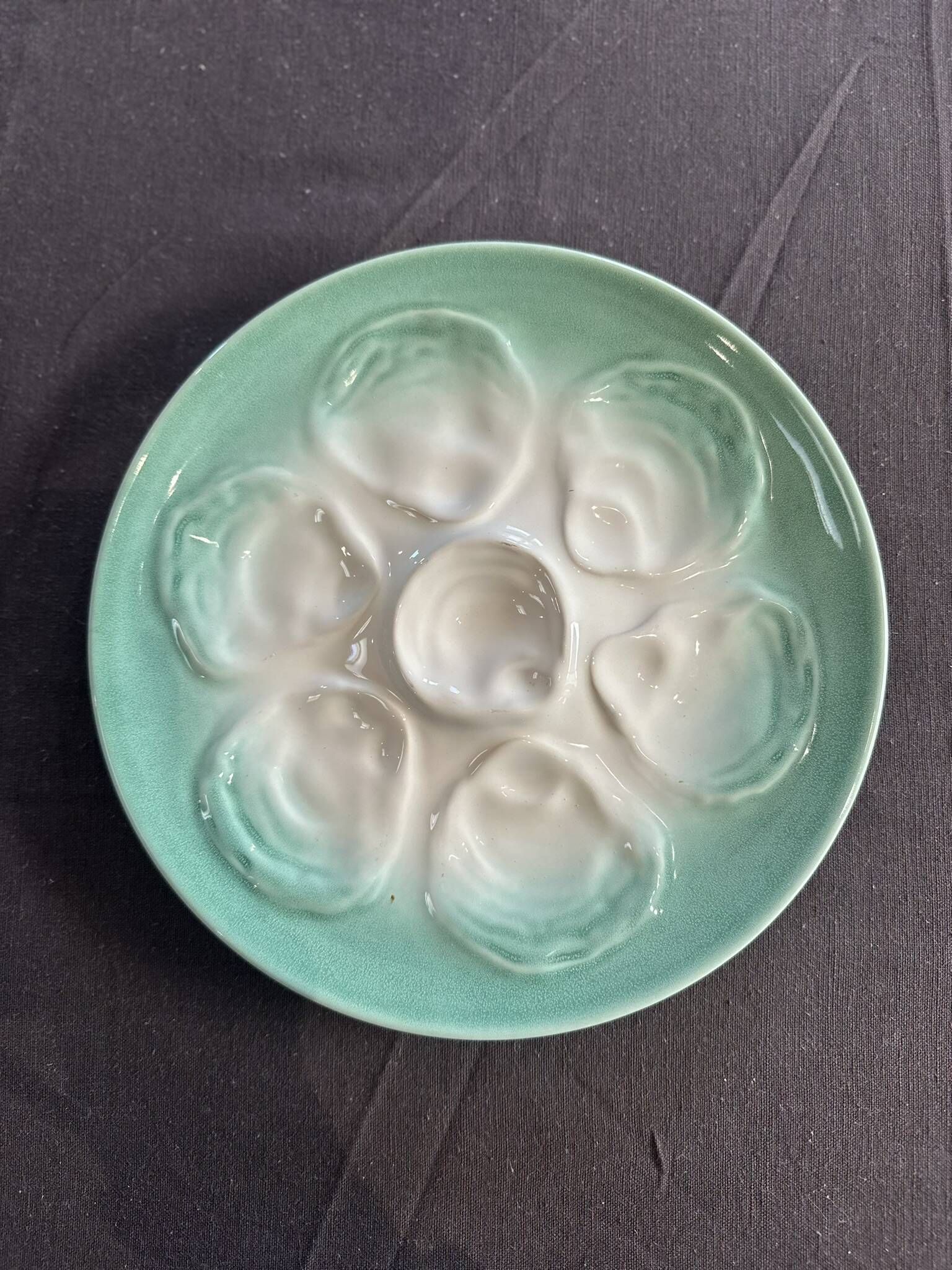 Niderviller sea-green earthenware oyster plates, set of 10 + dish
