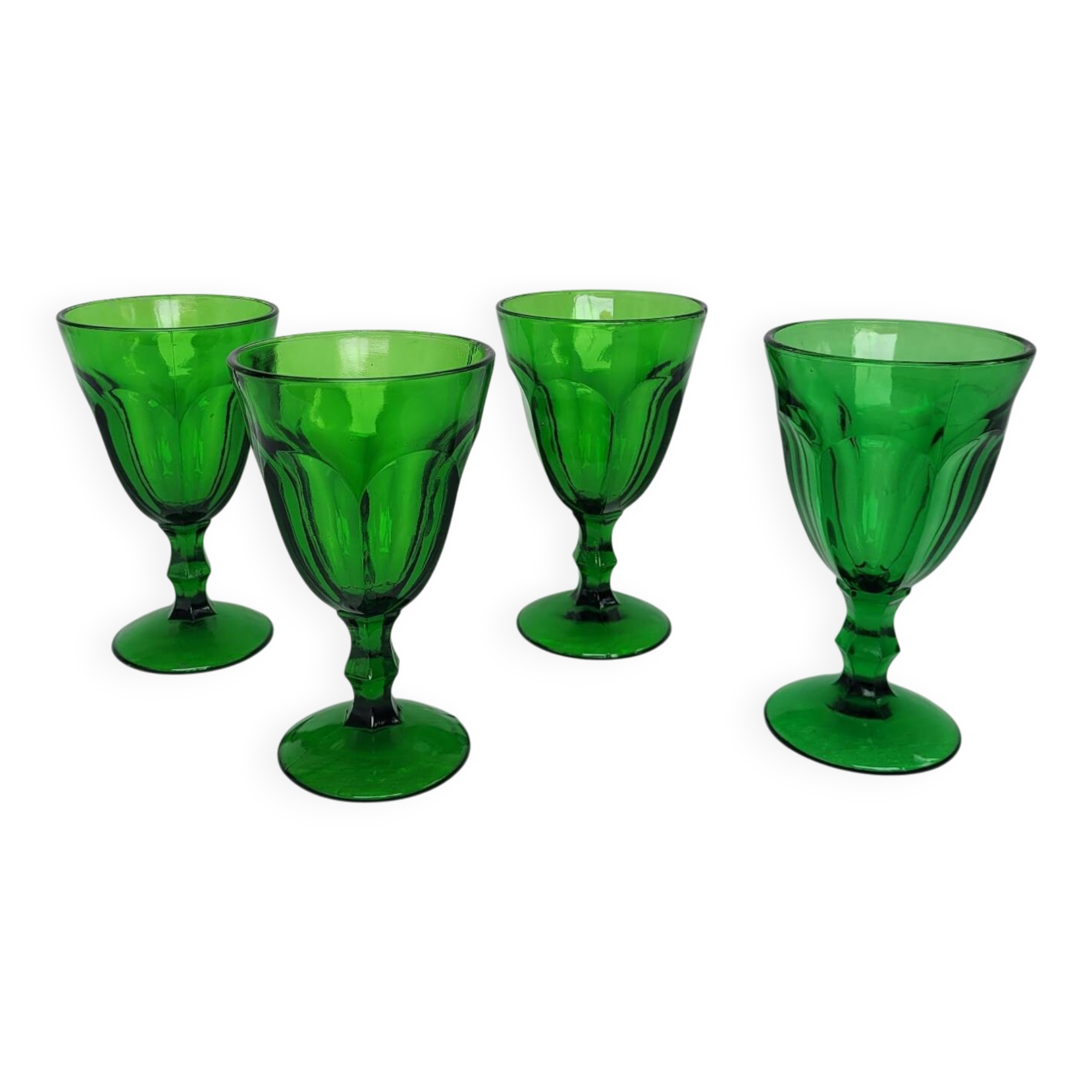 4 green footed glasses in moulded glass – 1970s