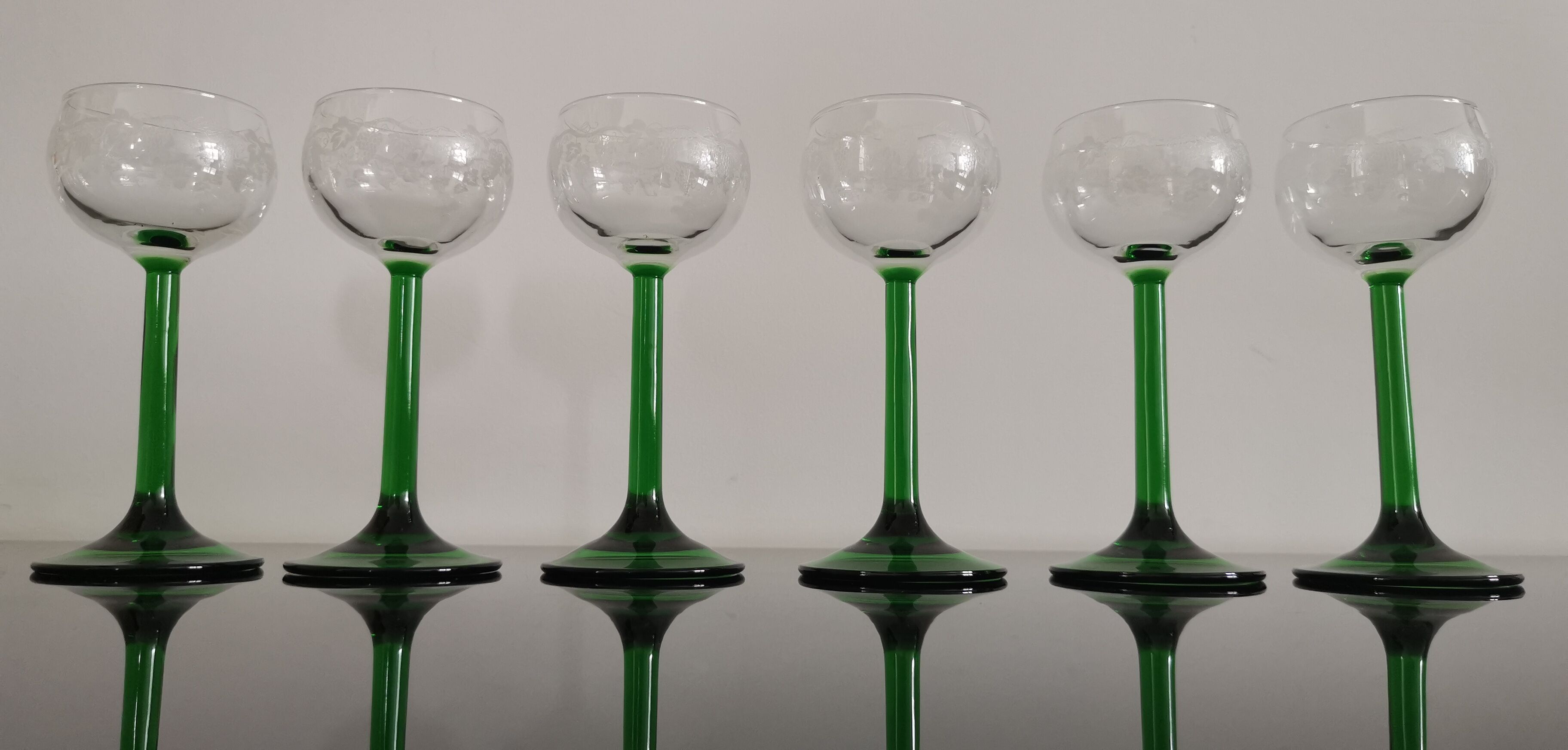 Vintage Alsace wine glasses with green feet decorations Bunches of Grapes and Vines HJ