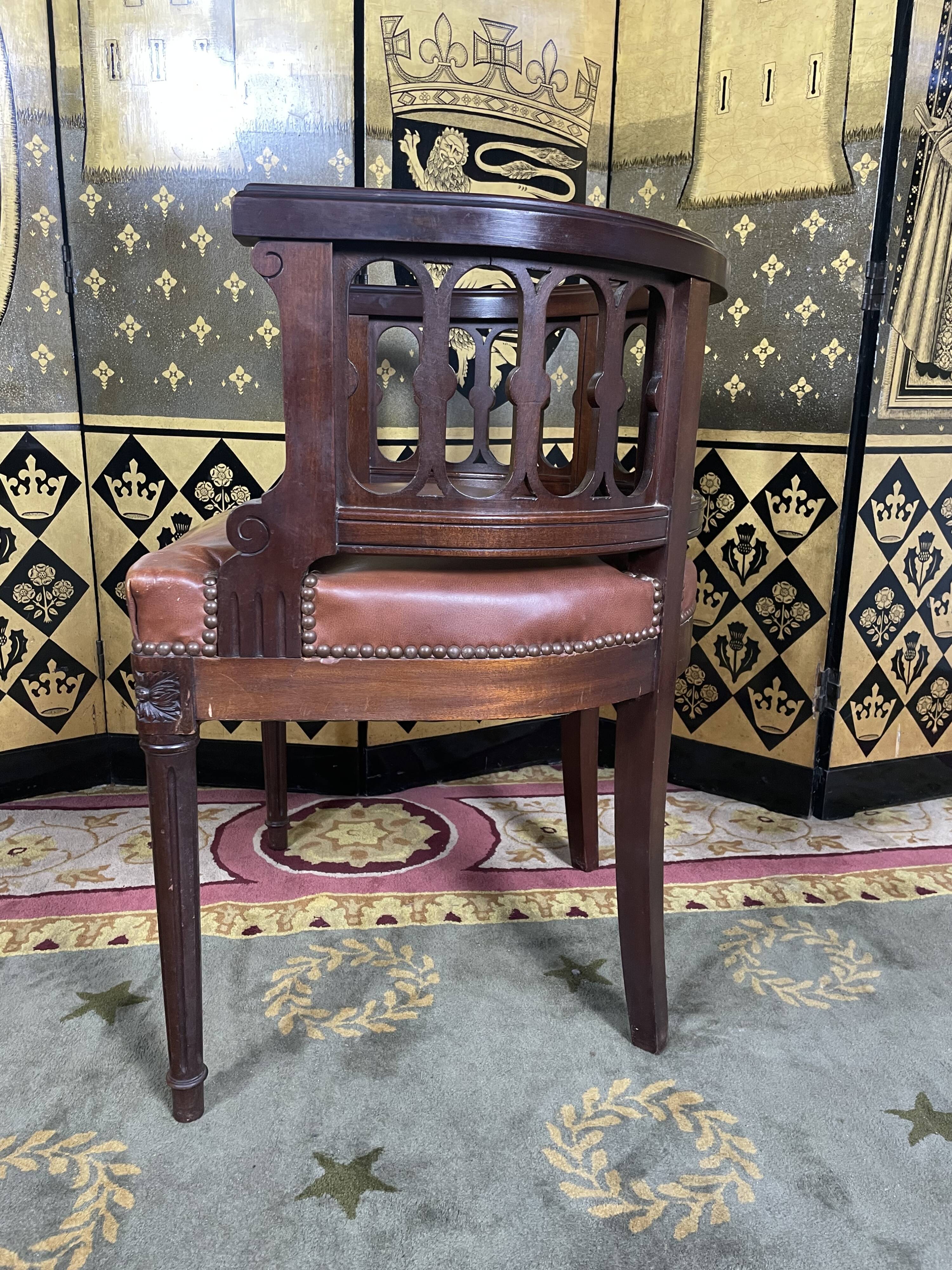 Louis XVI style office armchair in mahogany and leather