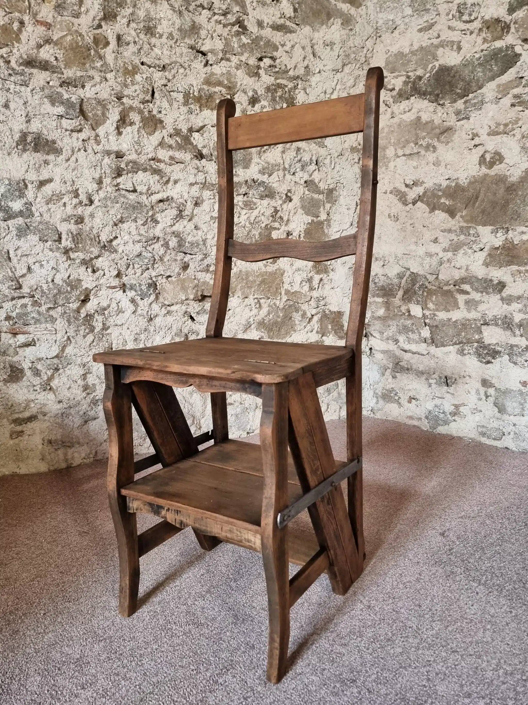 Chaise échelle de bibliothèque en chêne français antique – Tabouret escamotable