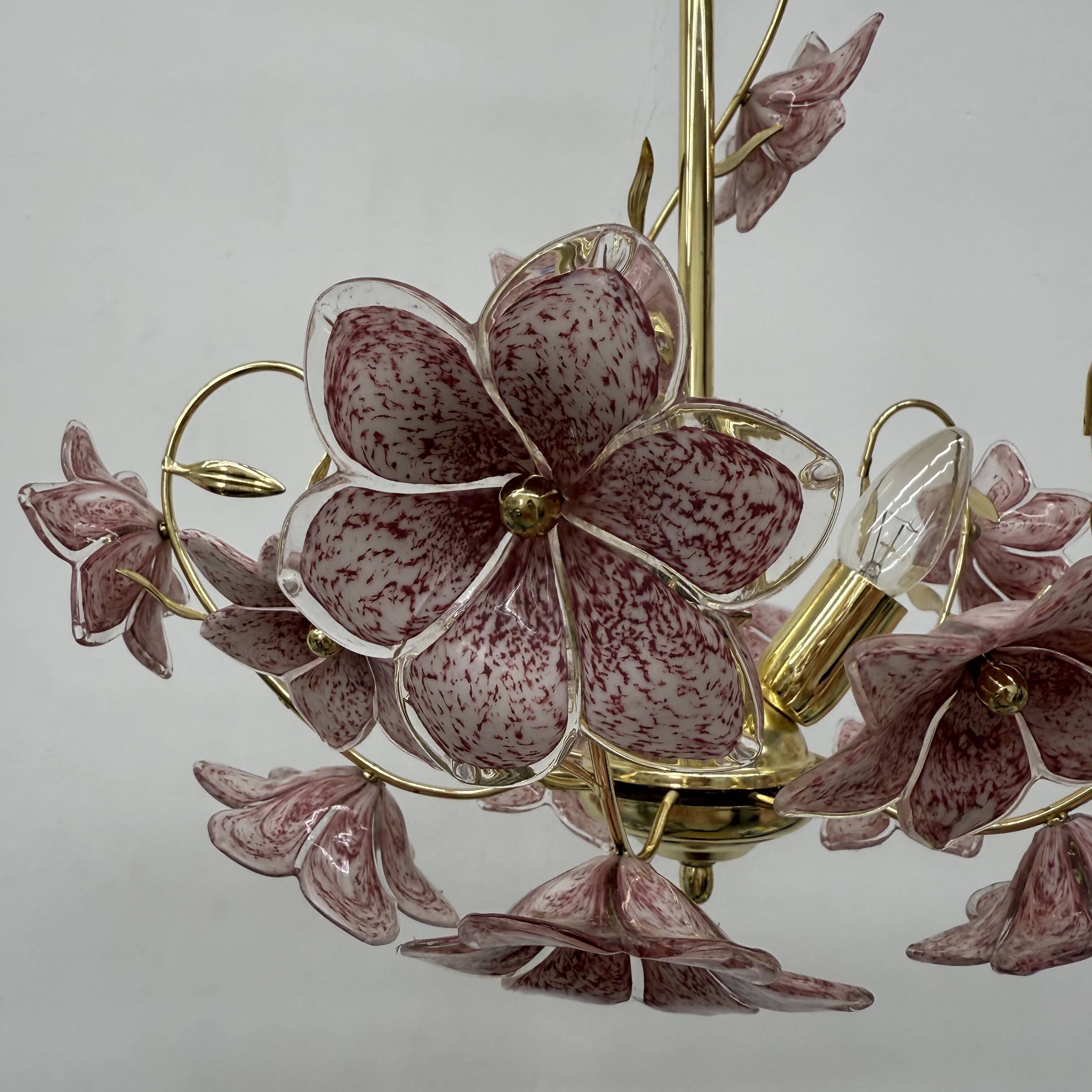 Chandelier with mourn glass pink flowers , 1970s