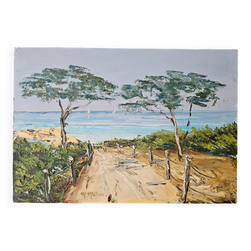 Tableau Huile sur toile - Paysage bord de mer - Plage & Pins signé M Millou